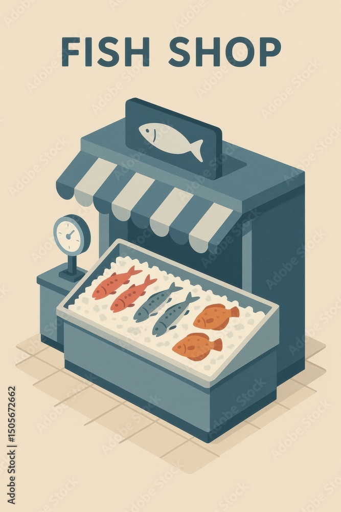 Poster brightly colored fish shop with a display of fresh seafood and a scale on the counter in a vibrant m