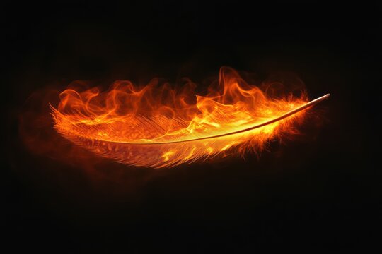 Feather burning with flames on dark dramatic background