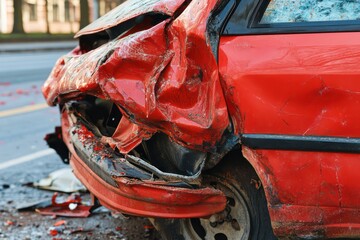 Close-up of red car with rear-end damage after road collision