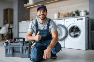 Smiling repairman giving thumbs up after successfully repairing a washing machine, kneeling next to his toolbox in a modern kitchen, satisfied with his work