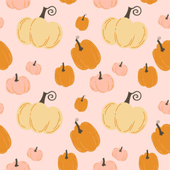 Cute soft season vegetable pumpkin pattern. Yelow and orange on pink background. Hand-drawn vector illustration in flat style.