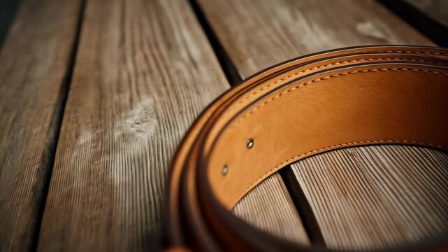 Elegant brown leather belt with silver buckle coiled on rustic wooden planks for fashion or accessory presentation