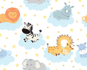 Sleeping animals children’s pattern. Cute cartoon safari animals on clouds vector illustration for fabric, textile, wallpaper, wrapping paper