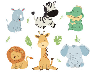 Safari children’s animals set in flat style isolated on white background, horizontal vector illustration. Cute cartoon animals collection: crocodile, rhinoceros, elephant, giraffe, lion, hippo