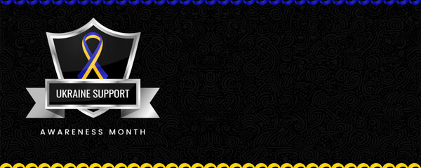 Ukraine Support Awareness Month banner, with Blue and yellow ribbon, shield and space for text. Design for Banner or Header.