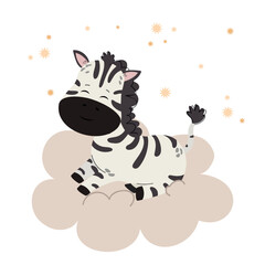 Baby zebra sleeping on a cloud children’s poster. Adorable animal illustration. Vector illustration