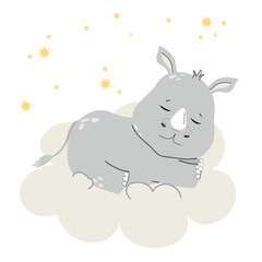 Baby rhino sleeping children’s poster. Adorable animal illustration. Vector illustration
