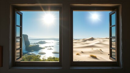 Contrasting worlds: View from the window of a waterfall oasis and desert dunes.
Concept: Dichotomy, saving nature, landscapes