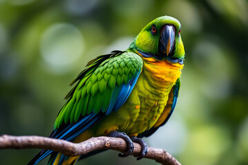 Obraz premium Magnificent Green-Winged Macaw Perched on a Tree Branch, Displaying Its Vivid Red, Green, and Blue Plumage in a Tropical Setting, Vibrant Wallpaper