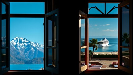 Views from the window: Snow-capped mountains and the paradisiacal coast, different vacations.
Concept: Dichotomy, nature, leisure