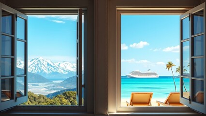 Views from the window: Snow-capped mountains and the paradisiacal coast, different vacations.
Concept: Dichotomy, nature, leisure