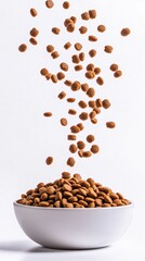 Crispy cat food kibbles tumble and sprinkle from mid-air into a white bowl, showcasing vibrant textures and colors that reflect freshness and quality for pet owners.