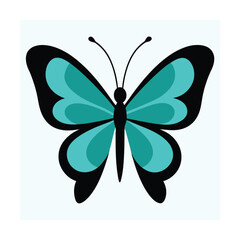 Vibrant teal butterfly with black outlines in a clean and simple flat vector design