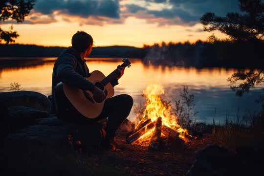 Campfire guitarist playing at sunset