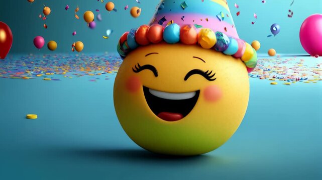 Happy celebration with cheerful emoji character and colorful decorations for a joyful birthday party