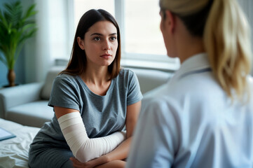 Brunette woman with lymphedema disease sits on a medical couch, her arm bandaged with elastic compression bandage. The patient looks at a woman doctor in front of her.
