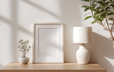 Simple, minimalist display of a framed artwork mockup, a decorative lamp, and greenery. Sunlight streams in, casting soft shadows on the light wooden surface