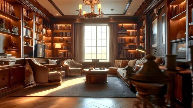 Luxurious Library Zoom Background Virtual Study Room with Rich Wood and Bookshelves