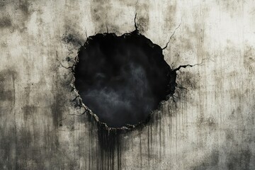Cracked concrete wall with dark smoke hole