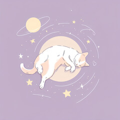 Funny Sleeping Cat on Purple Space Background with Stars and Planets. Cute Cartoon Cat Sleeping in Space. Nursery Wall Art Illustration.