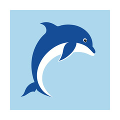 Obraz premium Playful cartoon illustration of a blue dolphin jumping over a wavy ocean water