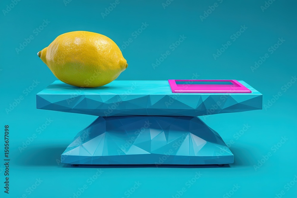 Aufkleber bright yellow lemon resting on a geometric turquoise platform with a pink digital display in a moder