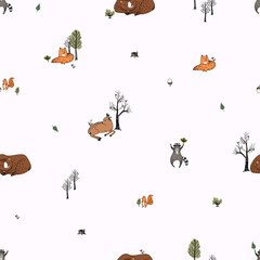 Cute seamless pattern with forest doodle animals drawn in Scandinavian style.