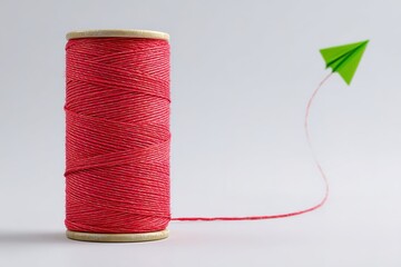 Red thread spool with green paper airplane on a light background conveying creativity and imagination