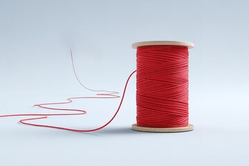 Red sewing thread spool with a long tail on a light background for crafting and sewing activities