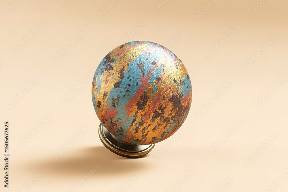 Poster unique decorative globe with vibrant colors displayed on a neutral background in a minimalist settin