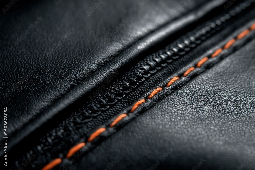 Poster close-up view of black leather with intricate stitching details showing craftsmanship and texture