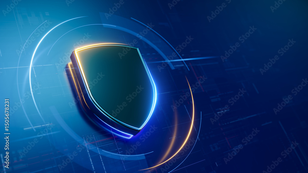 Poster shield. protect and security technology concept. digital shield on abstract technology background. 3