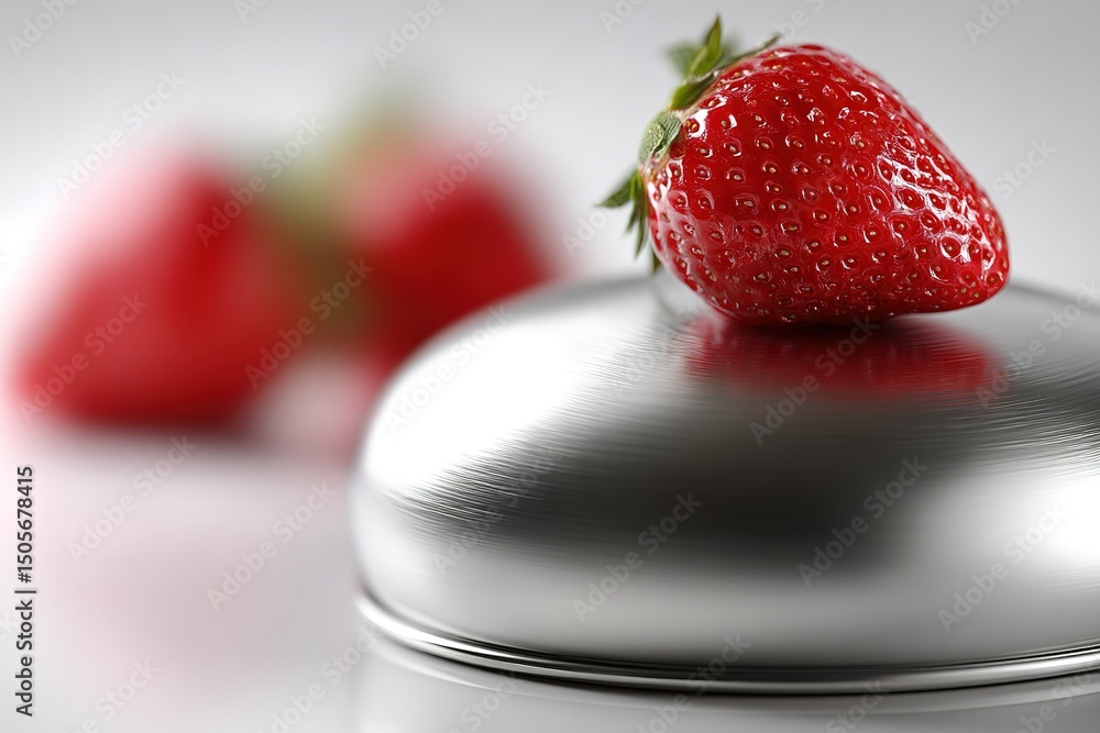 Poster fresh strawberry perched on a shiny silver lid with more strawberries in the background in a soft li