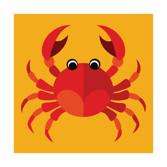Cartoon illustration of a bright red crab set against a vibrant yellow background