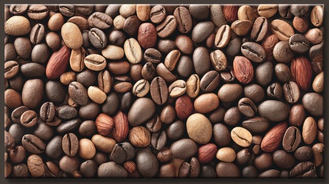 Close-Up View of Various Roasted Coffee Beans in Different Shades and Textures Spread on a Flat Surface