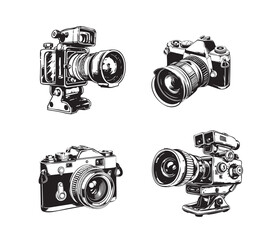 Camera set vector black line illustration isolated white. Sketch art