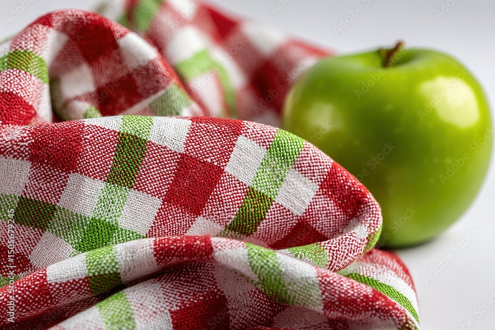 Poster bright green apple resting on patterned checkered cloth with red and green hues in a bright setting