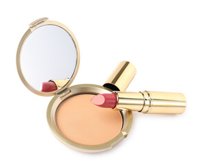 Open face powder with mirror and lipstick isolated on white