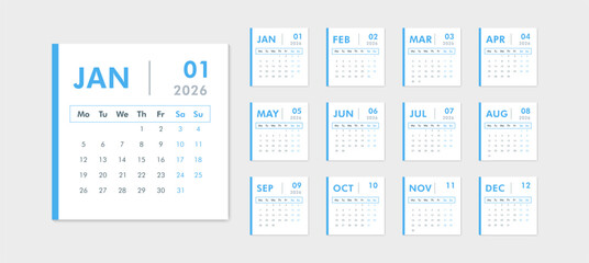 Monthly blue calendar template for 2026 year. Week starts on Monday. Desk or wall calendar in minimal style