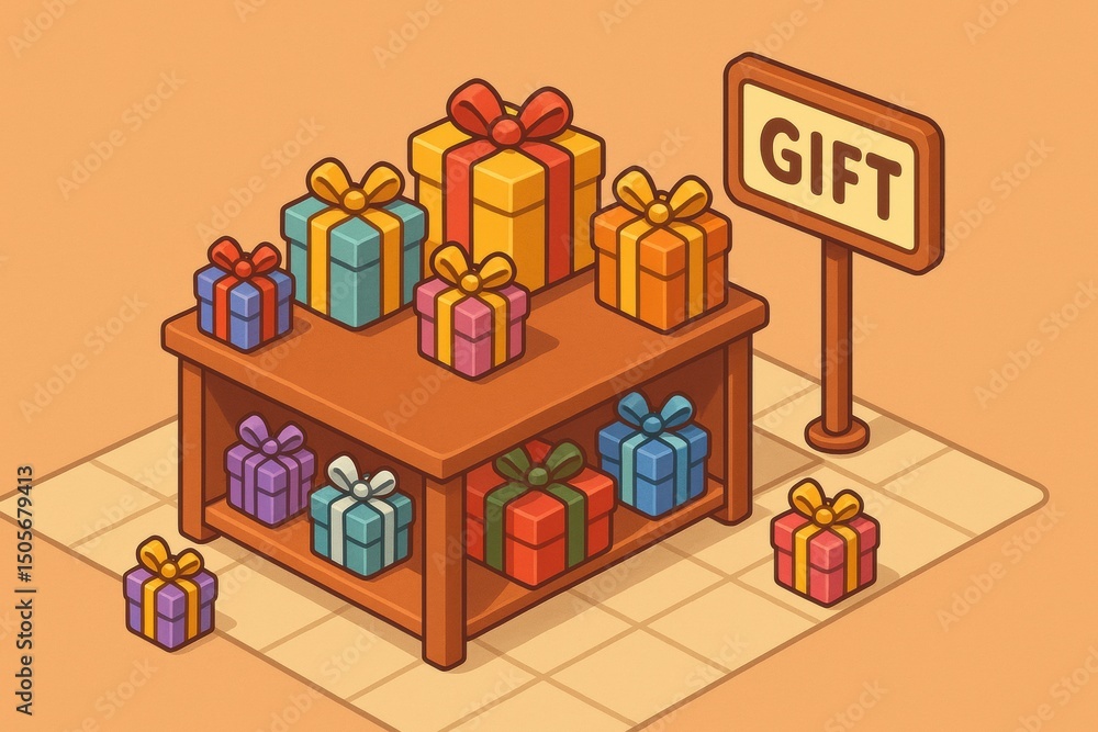Poster colorful gift display in a festive store with numerous wrapped presents in various sizes and colors