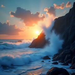 Fototapeta premium Ocean sunset waves crashing on rocks seascape scenic view nature photography landscape travel destination