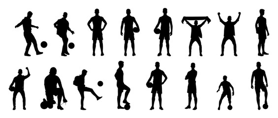 A set of people standing in different poses of soccer players and a vector of soccer players © Raju