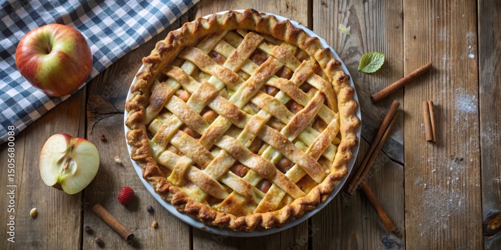 Poster a freshly baked apple pie with a lattice crust, surrounded by cinnamon sticks and apples on a rustic