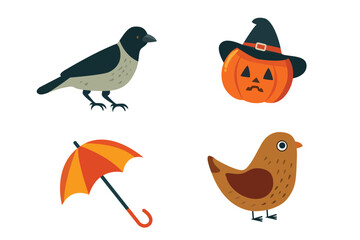 Colorful autumn-themed icons including birds, a pumpkin, and an umbrella, perfect for seasonal designs.