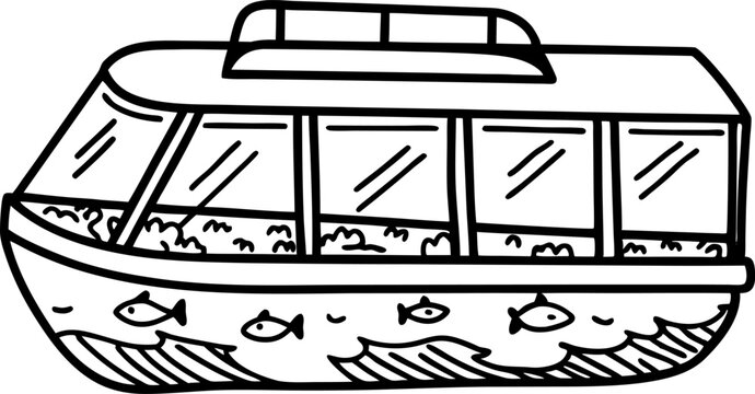 Glass bottom boat exploration with fish view under the sea