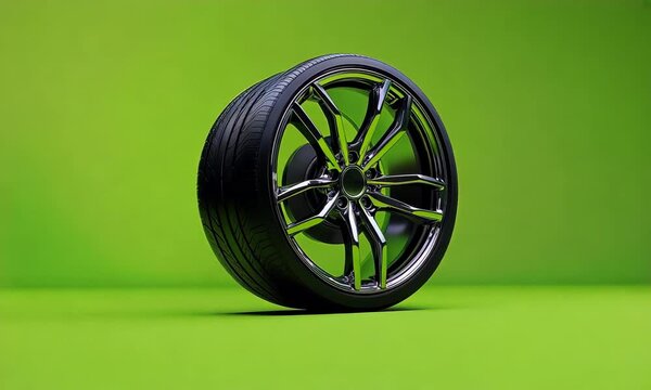 Automotive wheel on Green: A sleek, modern wheel with a polished alloy rim and a high-performance tire, showcased against a vibrant green backdrop, embodies speed, innovation.