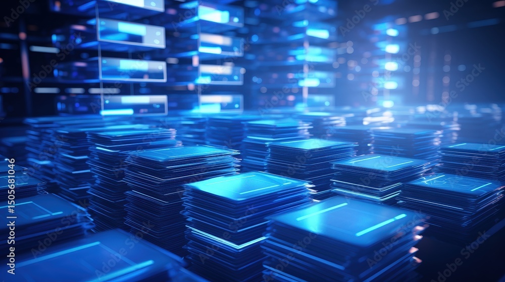 Poster abstract blue network grid with files and folders, futuristic software interface, digital document m