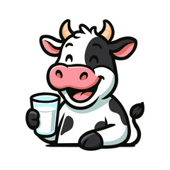 Cute cow holding a glass of milk mascot in cartoon vector style. Cow drink a glass of milk mascot illustration vector