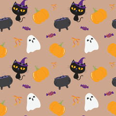 Happy halloween seamless pattern for fabric or background. Cute character of ghost cat witch cauldron and candy in orange and purple illustration flat vector.
