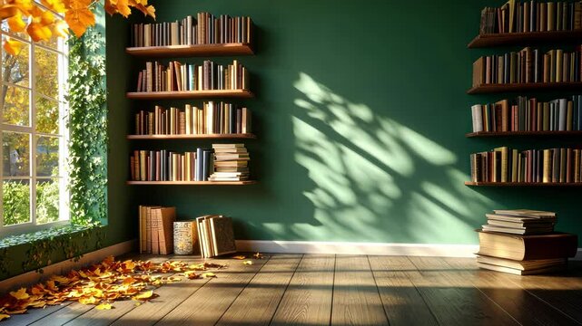 Sunlit autumnal library corner with bookshelves, hardwood floors, and fallen leaves